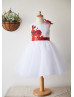 White Printed Satin Tulle Knee Length Romantic Flower Girl Dress